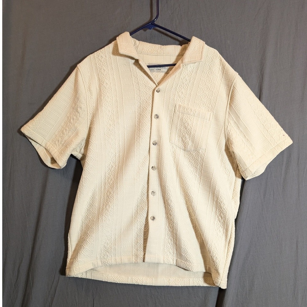 Maison Article XL Cream Textured‎ Geometric Short Sleeve Button Up Shirt